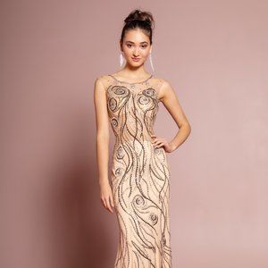 NEW LONG SLEEVELESS SHEATH EMBROIDERED RHINESTONES DRESS WITH SHEER BACK GL2149